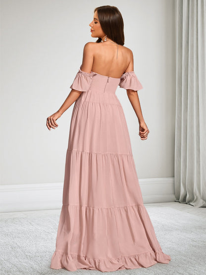 Robe d'Invitée de Mariage de Maternité en Mousseline Ligne A/Princesse Hors de l'épaule Manches Courtes Longueur Sol avec Volants