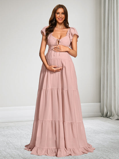 Robe d'Invitée de Mariage de Maternité en Mousseline Ligne A/Princesse Hors de l'épaule Manches Courtes Longueur Sol avec Volants