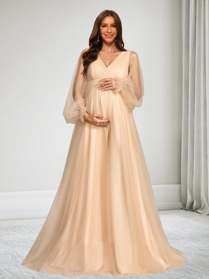 Robe d'Invitée de Mariage de Maternité en Tulle Ligne A/Princesse Col en V Manches Longues Longueur Sol Ruchée