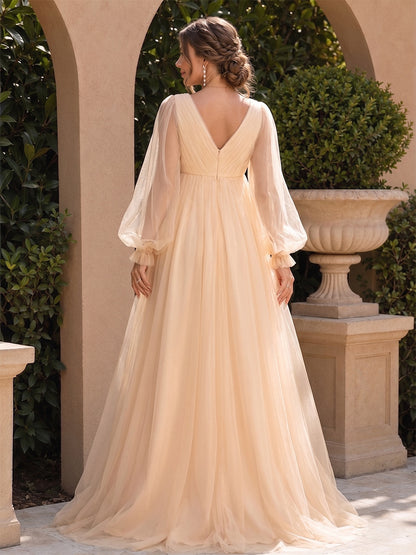 Robe d'Invitée de Mariage de Maternité en Tulle Ligne A/Princesse Col en V Manches Longues Longueur Sol Ruchée