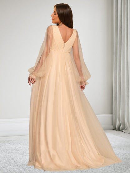 Robe d'Invitée de Mariage de Maternité en Tulle Ligne A/Princesse Col en V Manches Longues Longueur Sol Ruchée