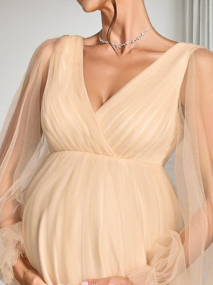 Robe d'Invitée de Mariage de Maternité en Tulle Ligne A/Princesse Col en V Manches Longues Longueur Sol Ruchée