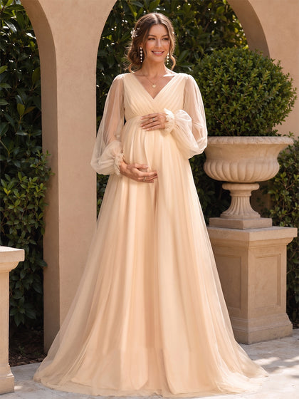 Robe d'Invitée de Mariage de Maternité en Tulle Ligne A/Princesse Col en V Manches Longues Longueur Sol Ruchée