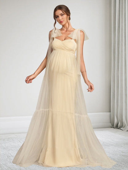 Robe d'Invitée de Mariage de Maternité en Tulle Ligne A/Princesse Sans Manches Longueur Sol avec Nœud Papillon