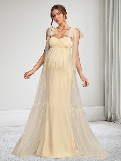 Robe d'Invitée de Mariage de Maternité en Tulle Ligne A/Princesse Sans Manches Longueur Sol avec Nœud Papillon