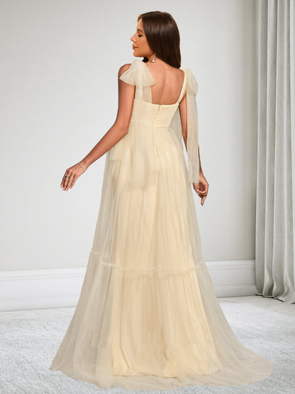 Robe d'Invitée de Mariage de Maternité en Tulle Ligne A/Princesse Sans Manches Longueur Sol avec Nœud Papillon
