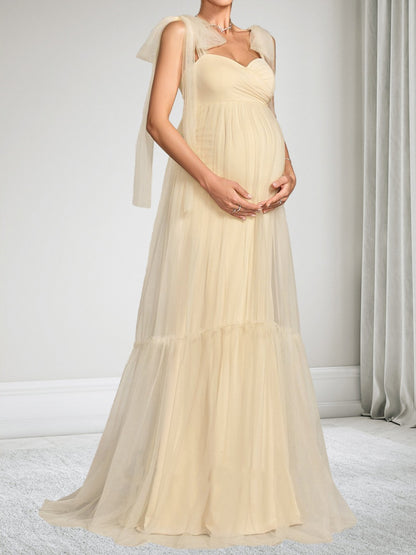 Robe d'Invitée de Mariage de Maternité en Tulle Ligne A/Princesse Sans Manches Longueur Sol avec Nœud Papillon