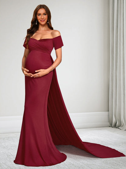 Robe d'Invitée de Mariage de Maternité Gaine/Colonne Hors de l'épaule Manches Courtes Longueur Sol avec Surjupe