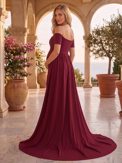 Robe d'Invitée de Mariage de Maternité Gaine/Colonne Hors de l'épaule Manches Courtes Longueur Sol avec Surjupe