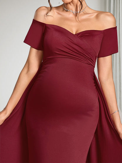 Robe d'Invitée de Mariage de Maternité Gaine/Colonne Hors de l'épaule Manches Courtes Longueur Sol avec Surjupe