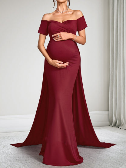 Robe d'Invitée de Mariage de Maternité Gaine/Colonne Hors de l'épaule Manches Courtes Longueur Sol avec Surjupe