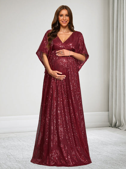 Robe d'Invitée de Mariage de Maternité à Paillettes Ligne A/Princesse Col en V Manches Courtes Longueur Sol Fendue
