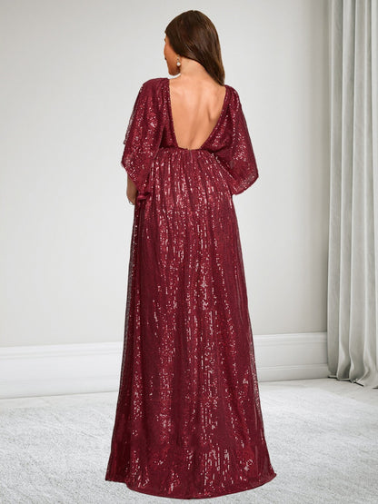 Robe d'Invitée de Mariage de Maternité à Paillettes Ligne A/Princesse Col en V Manches Courtes Longueur Sol Fendue