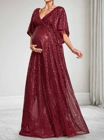 Robe d'Invitée de Mariage de Maternité à Paillettes Ligne A/Princesse Col en V Manches Courtes Longueur Sol Fendue