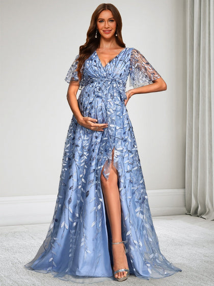 Robe d'Invitée de Mariage de Maternité en Dentelle Ligne A/Princesse Col en V Manches Courtes Longueur Sol Fendue & Paillettes