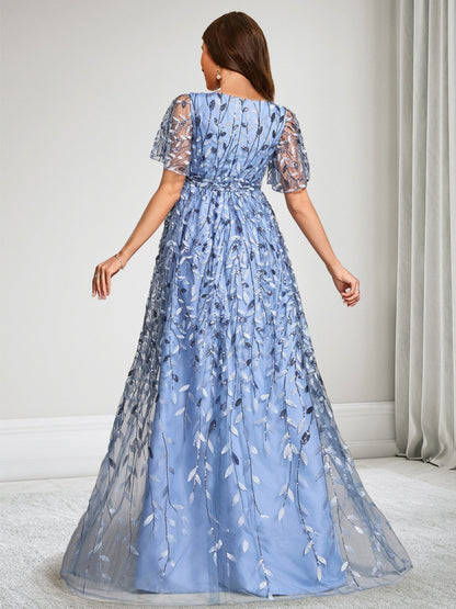 Robe d'Invitée de Mariage de Maternité en Dentelle Ligne A/Princesse Col en V Manches Courtes Longueur Sol Fendue & Paillettes
