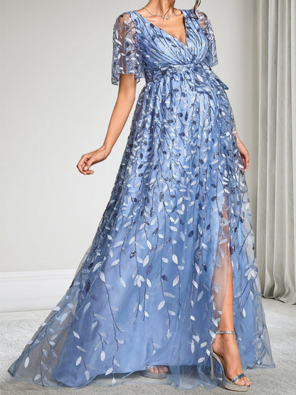Robe d'Invitée de Mariage de Maternité en Dentelle Ligne A/Princesse Col en V Manches Courtes Longueur Sol Fendue & Paillettes