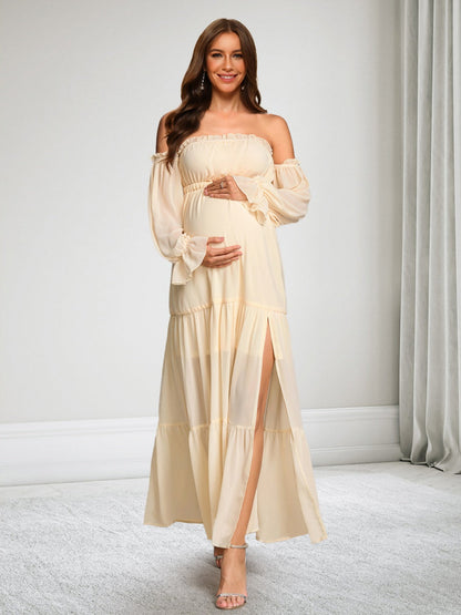 Robe d'Invitée de Mariage de Maternité en Mousseline Ligne A/Princesse Hors de l'épaule Manches Longues Longueur Cheville Fendue
