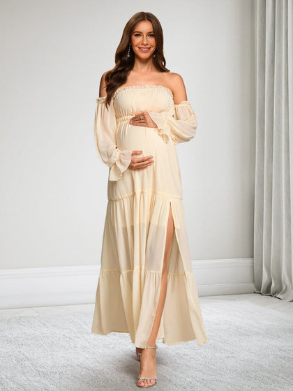 Robe d'Invitée de Mariage de Maternité en Mousseline Ligne A/Princesse Hors de l'épaule Manches Longues Longueur Cheville Fendue