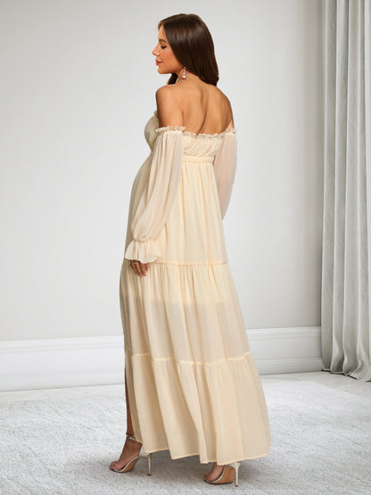 Robe d'Invitée de Mariage de Maternité en Mousseline Ligne A/Princesse Hors de l'épaule Manches Longues Longueur Cheville Fendue