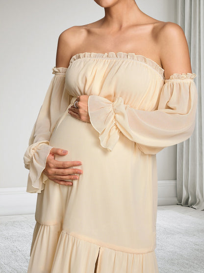 Robe d'Invitée de Mariage de Maternité en Mousseline Ligne A/Princesse Hors de l'épaule Manches Longues Longueur Cheville Fendue