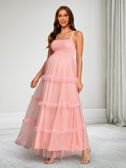 Robe d'Invitée de Mariage de Maternité en Tulle Ligne A/Princesse Col Carré Sans Manches Longueur Cheville avec Volants