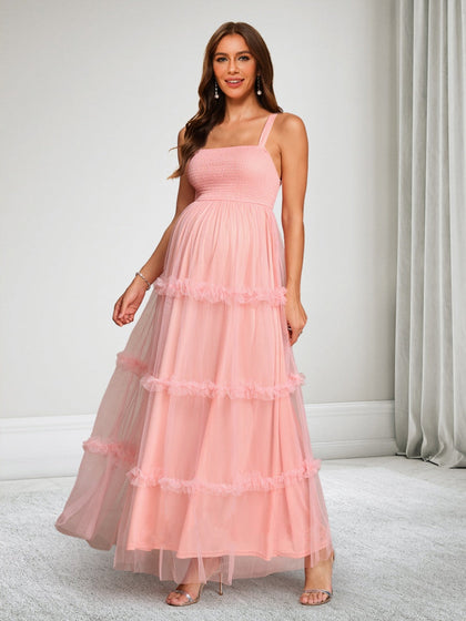 Robe d'Invitée de Mariage de Maternité en Tulle Ligne A/Princesse Col Carré Sans Manches Longueur Cheville avec Volants