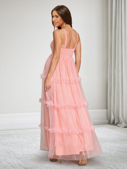 Robe d'Invitée de Mariage de Maternité en Tulle Ligne A/Princesse Col Carré Sans Manches Longueur Cheville avec Volants