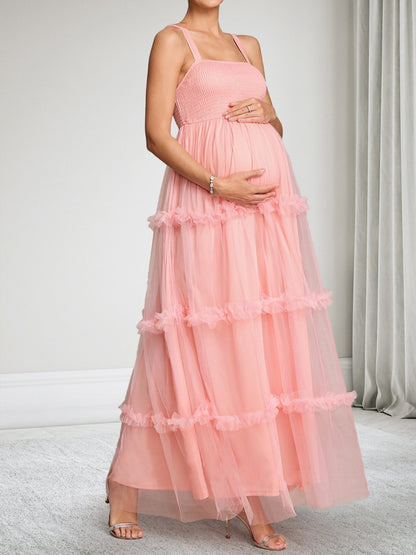 Robe d'Invitée de Mariage de Maternité en Tulle Ligne A/Princesse Col Carré Sans Manches Longueur Cheville avec Volants