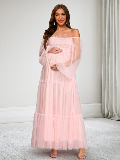 Robe d'Invitée de Mariage de Maternité en Tulle Ligne A/Princesse Hors de l'épaule Manches Longues Longueur Cheville avec Volants