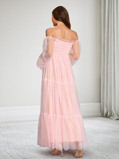 Robe d'Invitée de Mariage de Maternité en Tulle Ligne A/Princesse Hors de l'épaule Manches Longues Longueur Cheville avec Volants