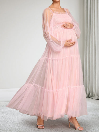 Robe d'Invitée de Mariage de Maternité en Tulle Ligne A/Princesse Hors de l'épaule Manches Longues Longueur Cheville avec Volants