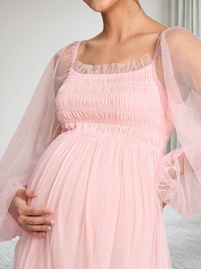 Robe d'Invitée de Mariage de Maternité en Tulle Ligne A/Princesse Hors de l'épaule Manches Longues Longueur Cheville avec Volants