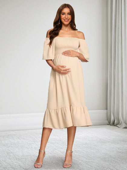 Robe d'Invitée de Mariage de Maternité en Mousseline Ligne A/Princesse Hors de l'épaule Manches Courtes avec Volants