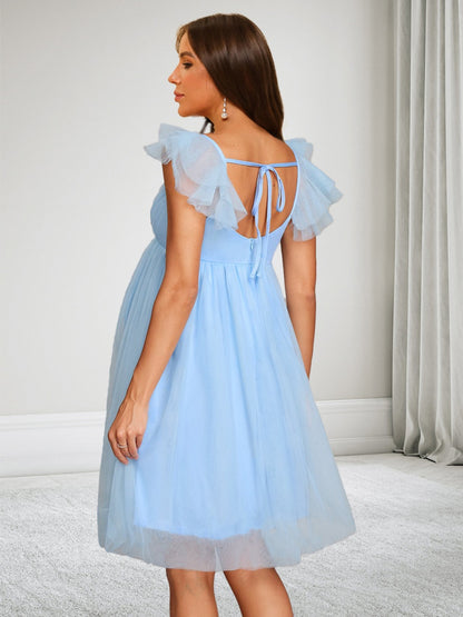 Robe d'Invitée de Mariage de Maternité en Tulle Ligne A/Princesse Col en V Mancherons Longueur Genou