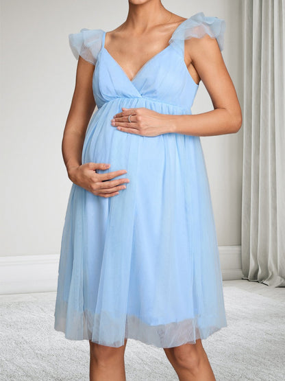 Robe d'Invitée de Mariage de Maternité en Tulle Ligne A/Princesse Col en V Mancherons Longueur Genou