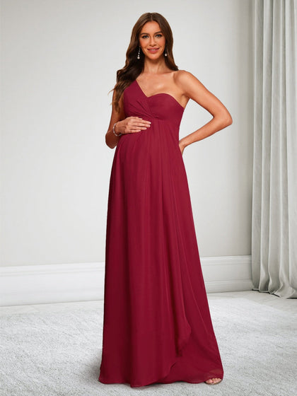 Robe d'Invitée de Mariage de Maternité en Mousseline Ligne A/Princesse Asymétrique à une épaule Sans Manches Longueur Sol Ruchée