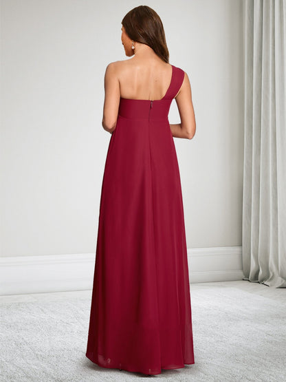 Robe d'Invitée de Mariage de Maternité en Mousseline Ligne A/Princesse Asymétrique à une épaule Sans Manches Longueur Sol Ruchée