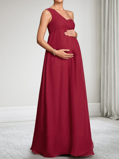 Robe d'Invitée de Mariage de Maternité en Mousseline Ligne A/Princesse Asymétrique à une épaule Sans Manches Longueur Sol Ruchée
