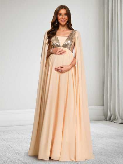 Robe d'Invitée de Mariage de Maternité en Mousseline Ligne A/Princesse Col Carré Longueur Sol avec Cape & Paillettes