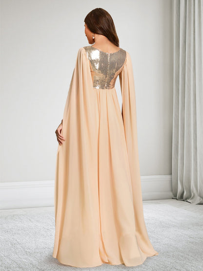 Robe d'Invitée de Mariage de Maternité en Mousseline Ligne A/Princesse Col Carré Longueur Sol avec Cape & Paillettes