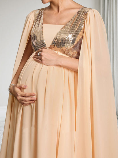 Robe d'Invitée de Mariage de Maternité en Mousseline Ligne A/Princesse Col Carré Longueur Sol avec Cape & Paillettes
