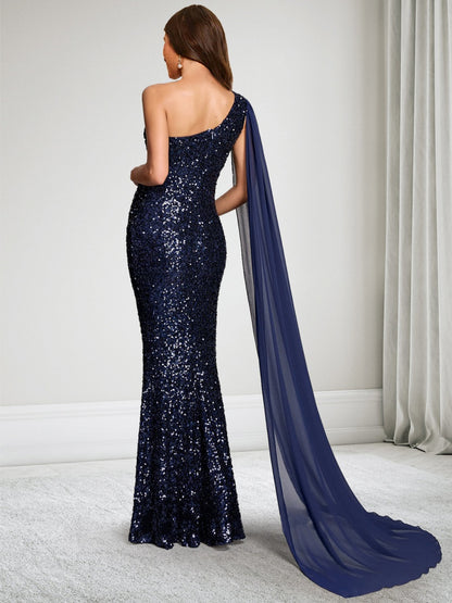 Robe d'Invitée de Mariage de Maternité à Paillettes Trompette/Sirène Asymétrique à une épaule Longueur Sol avec Cape