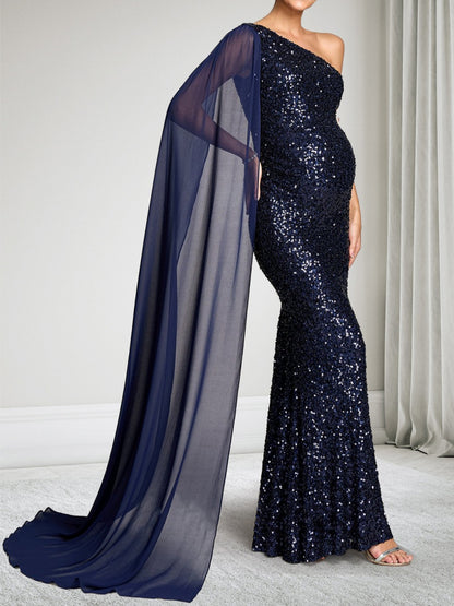 Robe d'Invitée de Mariage de Maternité à Paillettes Trompette/Sirène Asymétrique à une épaule Longueur Sol avec Cape