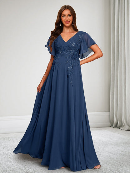 Robe d'Invitée de Mariage de Maternité en Mousseline Ligne A/Princesse Col en V Manches Courtes Longueur Sol avec Appliques