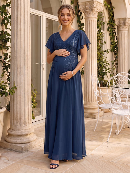 Robe d'Invitée de Mariage de Maternité en Mousseline Ligne A/Princesse Col en V Manches Courtes Longueur Sol avec Appliques