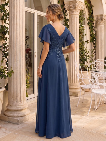 Robe d'Invitée de Mariage de Maternité en Mousseline Ligne A/Princesse Col en V Manches Courtes Longueur Sol avec Appliques