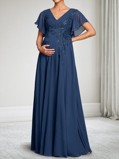 Robe d'Invitée de Mariage de Maternité en Mousseline Ligne A/Princesse Col en V Manches Courtes Longueur Sol avec Appliques