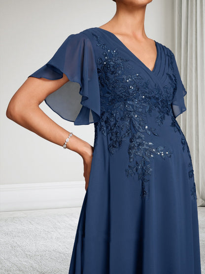Robe d'Invitée de Mariage de Maternité en Mousseline Ligne A/Princesse Col en V Manches Courtes Longueur Sol avec Appliques
