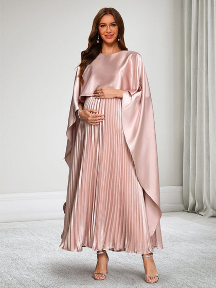 Robe d'Invitée de Mariage de Maternité en Satin Ligne A/Princesse Col Rond Longueur Cheville Plissée avec Cape